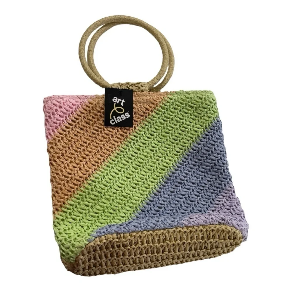 Art Class Weaved Paper Small Tote Circle Handles Handbag Multicolor Lined